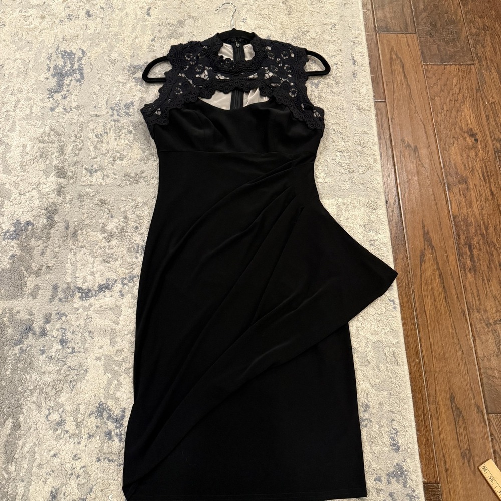 Joseph Ribkoff Dress Womens 8 Black Lace Illusion Overlay Hoco Sheath Ruched